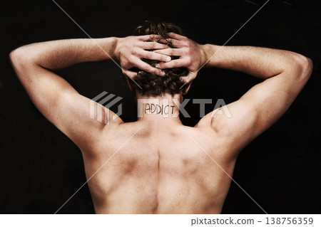 Back, drug addict and body of man in studio isolated on black background. Rear view, addiction and naked person with depression, anxiety and mental health crisis, challenge and substance abuse tattoo Back, drug addict and body of man in studio isolated on black background. Rear view, addiction and naked person with depression, anxiety and mental health crisis, challenge and substance abuse tattoo 138756359