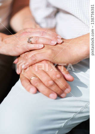 Marriage, holding hands or old couple with support, love or hope in commitment together at home. Zoom, wedding ring or senior man bonding to relax with a mature woman on anniversary for trust or care Marriage, holding hands or old couple with support, love or hope in commitment together at home. Zoom, wedding ring or senior man bonding to relax with a mature woman on anniversary for trust or care 138756381
