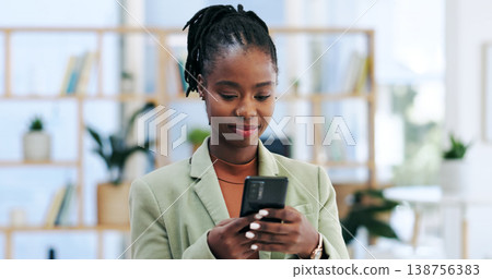 Business, phone and black woman in office for social media, email or networking, chat or notification. Smartphone, search and African lady crm manager online for text, communication or faq management Business, phone and black woman in office for social media, email or networking, chat or notification. Smartphone, search and African lady crm manager online for text, communication or faq management 138756383