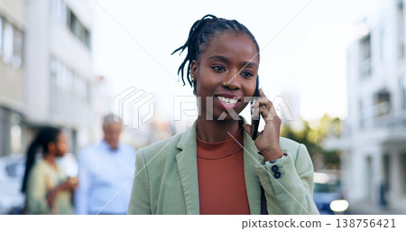 Happy black woman, phone call and city for business, conversation or outdoor communication. Face of African female person or employee talking on mobile smartphone for discussion in an urban town 138756421