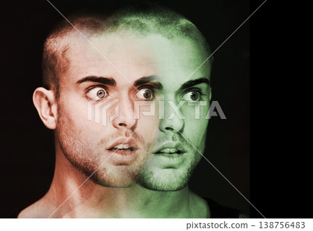 Mental health, face and man with bipolar disorder or illness in studio with terror or fear. Double exposure, guy and male person with trauma, anxiety or schizophrenia on black background or shocked Mental health, face and man with bipolar disorder or illness in studio with terror or fear. Double exposure, guy and male person with trauma, anxiety or schizophrenia on black background or shocked 138756483