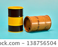 Two Cylindrical Barrels on Blue Background 138756504