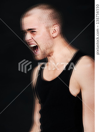 Frustrated, stress and blur of man shouting in studio isolated on a black background. Anger, anxiety and person screaming for mental health crisis, psychology or crazy trauma, depression or bipolar 138756550