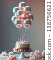 玫瑰金透明氣球與蠟燭蛋糕－生日派對背景 138756621