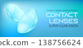Contact lenses banner vector illustration, realistic transparent lenses on blue gradient background, eye care vision concept, optical product advertising design, medical ophthalmology template, clear 138756624