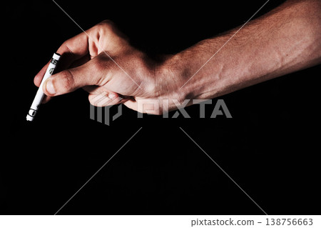 Hand, money roll and drugs, person on black background with addiction and cocaine, sniff and mockup space. Abuse, mental health and junkie, rolled cash for crack with crime or illegal in studio 138756663