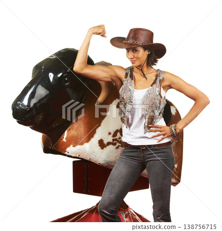 Cowboy, bull and rodeo machine with woman in fitness portrait with western fashion aesthetic in studio mockup. Workout, athlete and happy face with strong body for wellness, exercise and texas sport Cowboy, bull and rodeo machine with woman in fitness portrait with western fashion aesthetic in studio mockup. Workout, athlete and happy face with strong body for wellness, exercise and texas sport 138756715