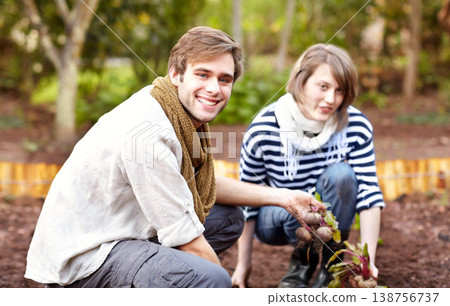 Plant, vegetable and portrait of couple gardening with together with harvest in backyard. Farming, growth and people working with beetroot and growing plants for sustainable, organic or vegan food 138756737