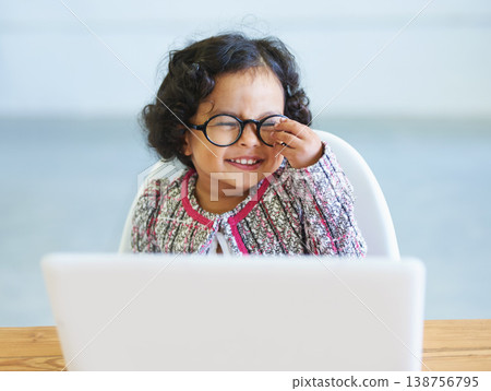 Little girl, dress up and laptop play business person fun, smile or laugh in fancy clothes. Toddler, glasses or office desk funny joke, childhood joy or cosplay for genius, amusement or performance Little girl, dress up and laptop play business person fun, smile or laugh in fancy clothes. Toddler, glasses or office desk funny joke, childhood joy or cosplay for genius, amusement or performance 138756795