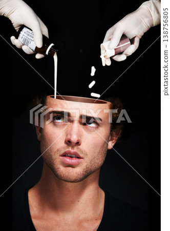 Hands pour medicine in head of man, mental health and treatment in studio isolated on a black background. Pills, sick person and antidepressant drugs or medication for depression, anxiety and stress Hands pour medicine in head of man, mental health and treatment in studio isolated on a black background. Pills, sick person and antidepressant drugs or medication for depression, anxiety and stress 138756805