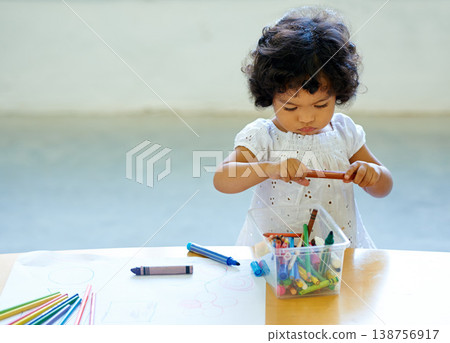 Young girl, crayons and drawing in classroom for creative development, education growth in kindergarten. Child, daycare or table pencils artwork for learning play school or paper, craft idea or color Young girl, crayons and drawing in classroom for creative development, education growth in kindergarten. Child, daycare or table pencils artwork for learning play school or paper, craft idea or color 138756917