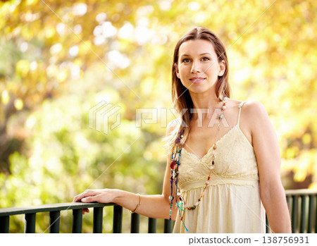 Woman, portrait and nature for garden by tree, sunshine holiday and eco friendly countryside. New york, smile and relax face with trendy fashion for travel, wellness and sustainability central park Woman, portrait and nature for garden by tree, sunshine holiday and eco friendly countryside. New york, smile and relax face with trendy fashion for travel, wellness and sustainability central park 138756931