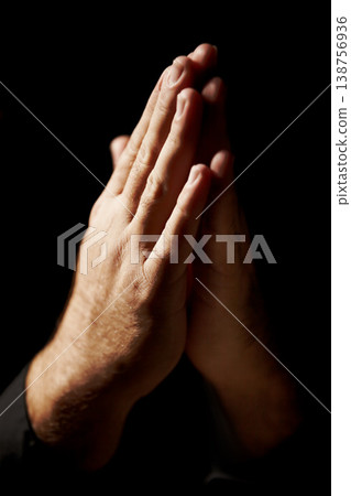 Prayer, hands and black background for faith, hope and religion or asking for help with mental health or support in studio. Praying emoji, christian person and God, holy spirit or peace in dark room 138756936