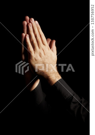 Prayer, hands and black background for hope, religion and faith or ask for help with worship or spiritual support in studio. Praying emoji, christian person and God, forgive or humanity in dark room 138756952