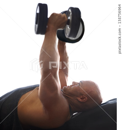 Dumbbell, man and fitness with arm strength, power and muscle exercise for health and wellness. White background, studio and male athlete with strong bodybuilder and gym workout for sport training Dumbbell, man and fitness with arm strength, power and muscle exercise for health and wellness. White background, studio and male athlete with strong bodybuilder and gym workout for sport training 138756964