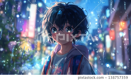 Detailed Anime Boy with Messy Black Hair in City Night Scene with Floating Particles and Neon Lights 138757359