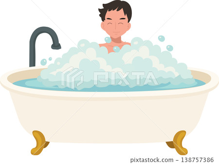 bath time hygiene concept cartoon man in bathtub with soap bubbles. bathroom lifestyle and personal care theme bath time hygiene concept cartoon man in bathtub with soap bubbles. bathroom lifestyle and personal care theme 138757386