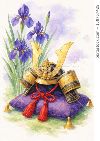 兒童節系列：以鳶尾花和武士頭盔為主題的日式風景畫 138757428
