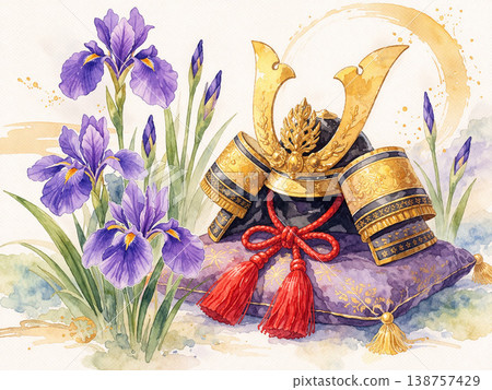 兒童節系列：以鳶尾花和武士頭盔為主題的日式風景畫 138757429
