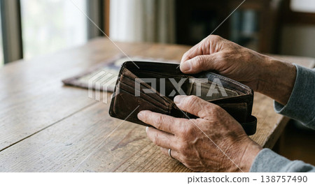 特寫:一位老人凝視著空空如也的錢包,雙手緊握。 特寫:一位老人凝視著空空如也的錢包,雙手緊握。 138757490