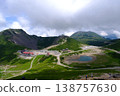 Panoramic view of the Norikura Plateau: Mountain hut and mountaintop pond (Northern Alps, summer) 138757630