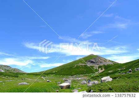 The alpine grasslands and hiking trails of Mt. Norikura spread out under a blue sky (Northern Alps) The alpine grasslands and hiking trails of Mt. Norikura spread out under a blue sky (Northern Alps) 138757632