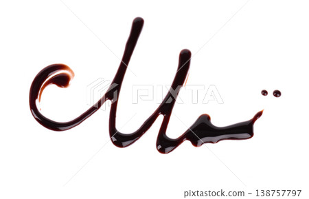 Chocolate sauce drizzle isolated on white background. Liquid chocolate syrup smear or splash. Clipping path. 138757797