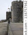 Caernarfon castle ancient stone wall street lamp 138757982