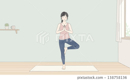 An illustration of a young woman performing the tree pose in yoga in a brightly lit room. Mindfulness, healthy habits An illustration of a young woman performing the tree pose in yoga in a brightly lit room. Mindfulness, healthy habits 138758136
