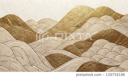 Japanese-style background material: Golden wave pattern reminiscent of Ukiyo-e prints. 138758186