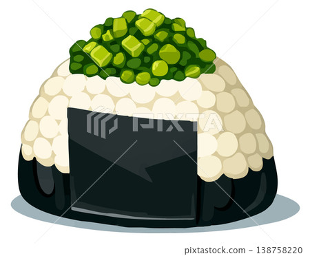 Vector illustration of a single Japanese onigiri rice ball wrapped in nori seaweed and topped with chopped pickled mustard greens (takana) Vector illustration of a single Japanese onigiri rice ball wrapped in nori seaweed and topped with chopped pickled mustard greens (takana) 138758220