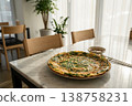 Korean Chive Pancake on Marble Table with Natural Light 138758231
