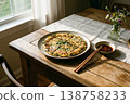 Korean Chive Pancake with Soy Sauce by Window Warm Light 138758233