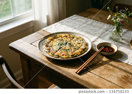 Korean Chive Pancake with Soy Sauce by Window Warm Light Korean Chive Pancake with Soy Sauce by Window Warm Light 138758233