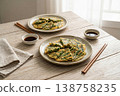 Korean Chive Pancake Served on Rustic Wooden Table with Sauce 138758235
