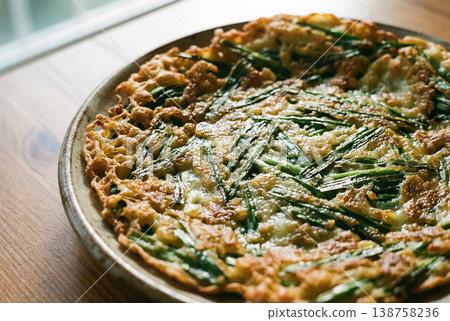 Two Plates of Korean Chive Pancake with Soy Sauce and Chopsticks 138758236