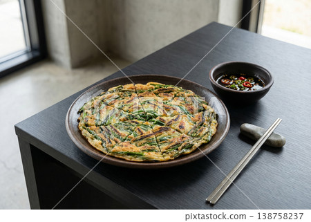 Close Up of Korean Chive Pancake Texture and Crispy Surface 138758237