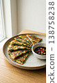 Stacked Korean Chive Pancake Slices with Soy Sauce Vertical Composition 138758238