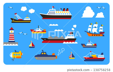 Cute Sea Vehicle Set: Ships, Yachts, Submarines, Lighthouses - Illustration Materials Cute Sea Vehicle Set: Ships, Yachts, Submarines, Lighthouses - Illustration Materials 138758258