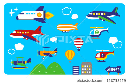Cute Sky Vehicle Set: Airplane, Helicopter, Hot Air Balloon, Airship Illustration Material Cute Sky Vehicle Set: Airplane, Helicopter, Hot Air Balloon, Airship Illustration Material 138758259