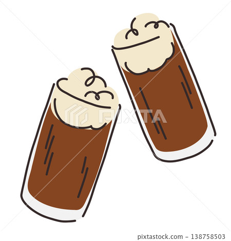 Stylized glass glasses with foaming brown liquid, carbonated cola, fernet, kvass with foam for menu Stylized glass glasses with foaming brown liquid, carbonated cola, fernet, kvass with foam for menu 138758503