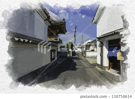 水彩畫風格：臼岐市，大分縣，臼岐市，仁尾座歷史古道，稻葉家倉庫 138758614