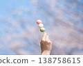 一張照片中，有人手持三色團子（糯米糰子），背景是櫻花，讓人聯想到「花上團子」的意象。 138758615
