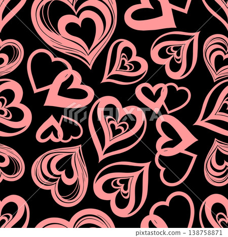 seamless graphic pattern of pink hearts on a black background, texture, design 138758871