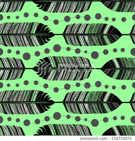 simple seamless pattern of black and gray bird feathers and beads on a green background, texture 138758872