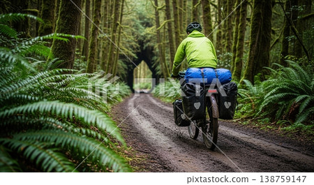 Cyclist rides loaded touring bike with panniers on muddy forest road amidst green ferns Cyclist rides loaded touring bike with panniers on muddy forest road amidst green ferns 138759147