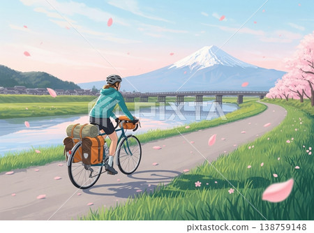 Female cyclist riding touring bike by river with cherry blossoms and snowy mountain peak 138759148