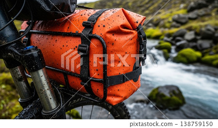 Close up wet orange bikepacking dry bag on fork rack against river stream background 138759150