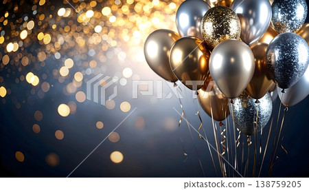 Gold and silver balloons with sparkling bokeh lights on dark background Gold and silver balloons with sparkling bokeh lights on dark background 138759205