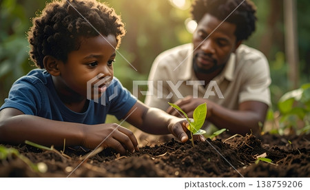 Adult and child planting seedlings together in garden soil 138759206